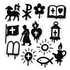Fototapeta premium Christian graffiti icons with crosses bible angel dove church and candle, Transparent Background