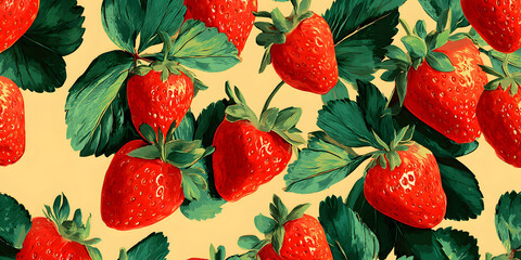Red Strawberries with Green Leaves on Yellow Background