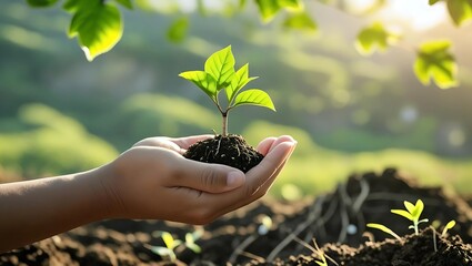 Close-up of a hand holding a small tree seedling with blurred nature background, symbolizing sustainability and green living
