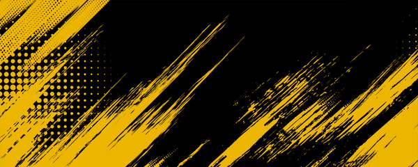 Black and yellow abstract background with brushstroke and halftone style.