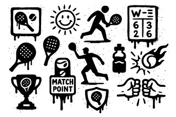 Obraz premium Grunge padel icons with dripping paint effect, rackets balls and court elements, Transparent Background