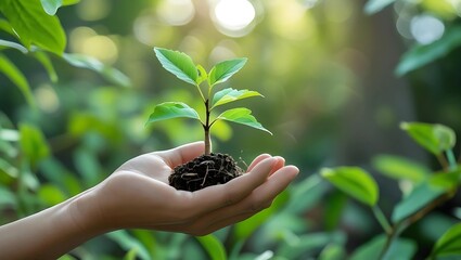 Close-up of a hand holding a small tree seedling with blurred nature background, symbolizing sustainability and green living