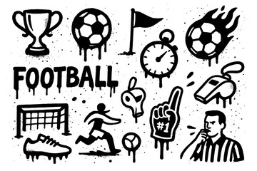 Grunge football icons with dripping paint effect, soccer elements and referee, Transparent Background