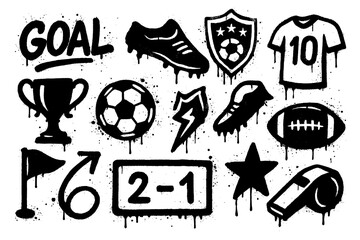 Grunge football icons with dripping paint effect, soccer elements and referee, Transparent Background © SenorPinky