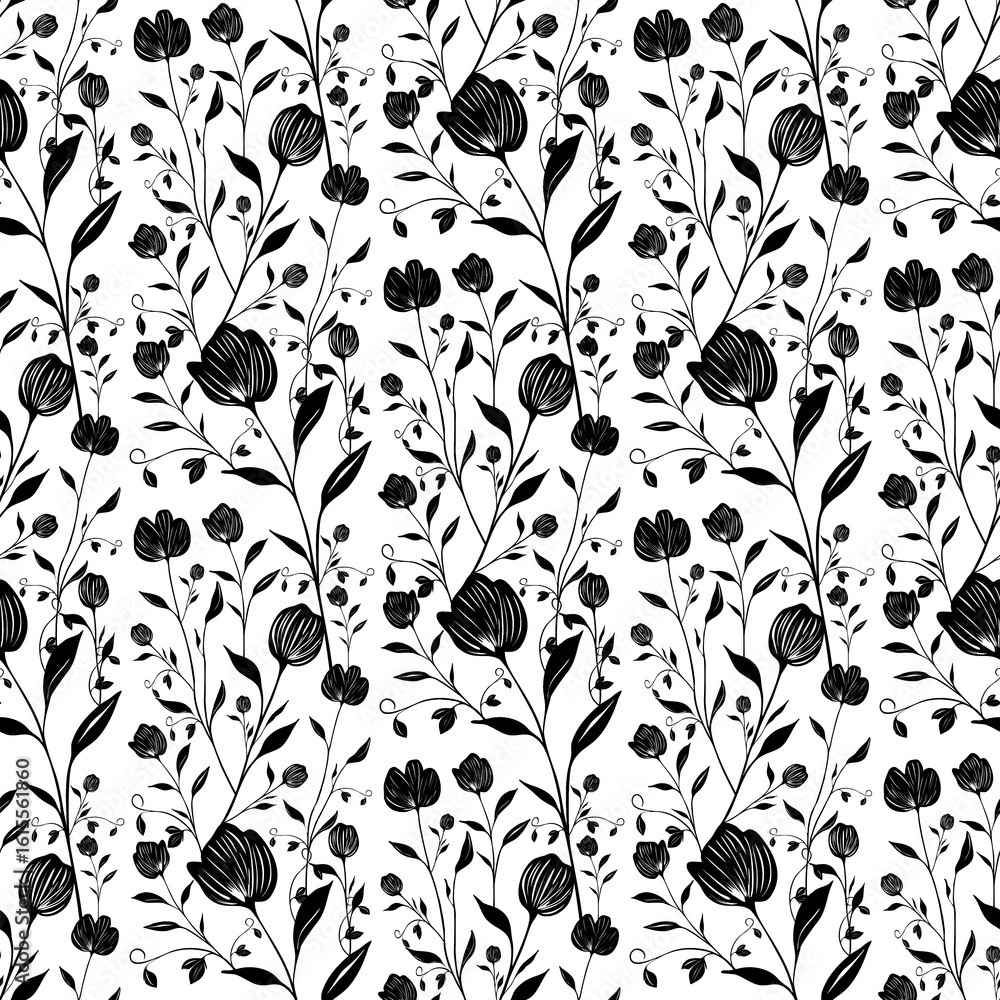 Poster seamless vector pattern of stylized black floral elements on a white background, featuring intricate