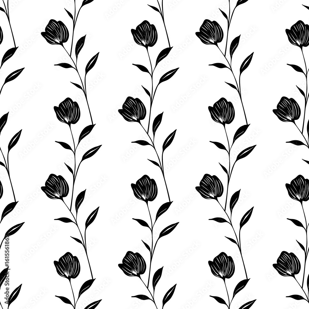 Poster seamless vector pattern of stylized black flowers and leaves on a white background, creating a minim