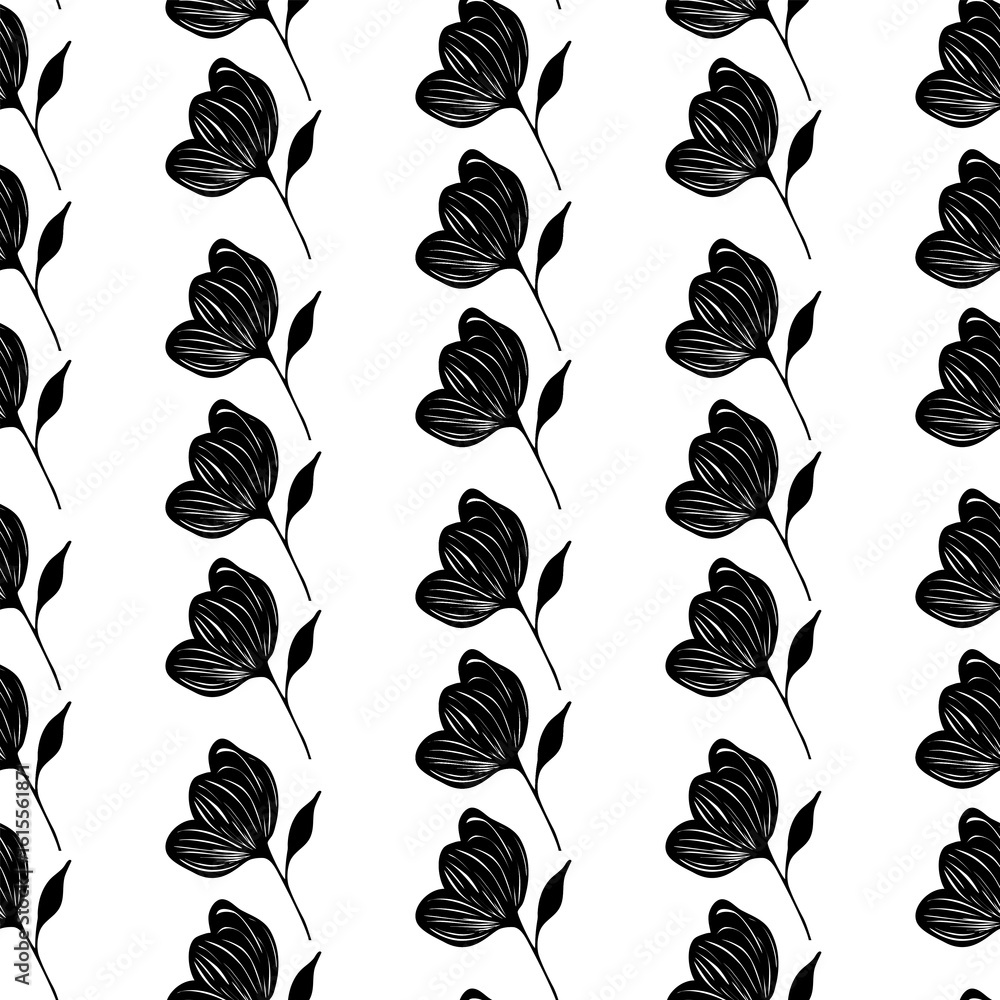 Aufkleber seamless vector pattern with stylized black and white flowers arranged in vertical lines, creating a