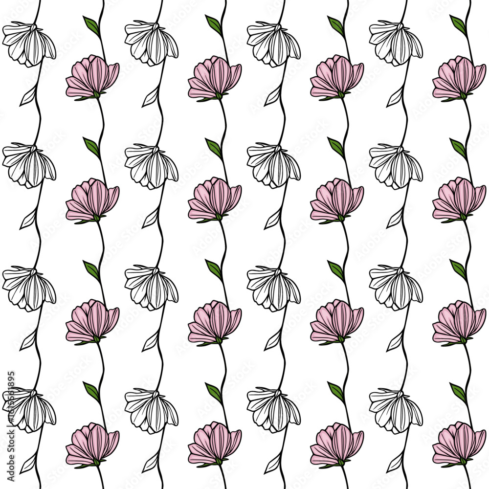 Poster elegant seamless vector pattern with alternating pink and white outline flowers on black stems, crea