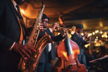 Obraz premium A jazz band creates a captivating atmosphere, immersed in the music, at a live performance.
