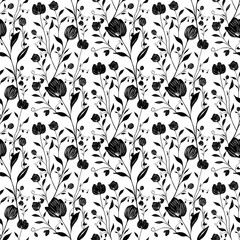 Seamless vector pattern of stylized black floral elements on a white background, featuring intricately detailed flowers and leaves in a repeating design.