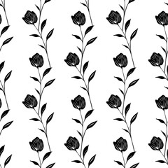 Seamless vector pattern of stylized black flowers and leaves on a white background, creating a minimalist and elegant floral design.
