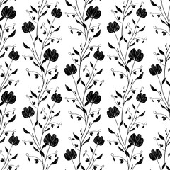 Seamless vector pattern of stylized black sweet pea flowers and leaves on a white background, creating an elegant and minimalist floral design.