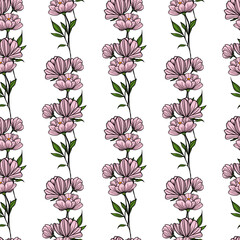 Seamless vector pattern with delicate pink flowers and green leaves arranged in vertical stripes on a white background, creating a soft and elegant floral design.