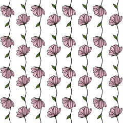 Seamless vector pattern of stylized pink flowers on dark stems, creating a delicate and elegant floral design ideal for textile prints, wallpapers, or surface decoration.