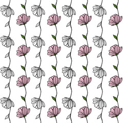 Elegant seamless vector pattern with alternating pink and white outline flowers on black stems, creating a delicate and stylish floral design.