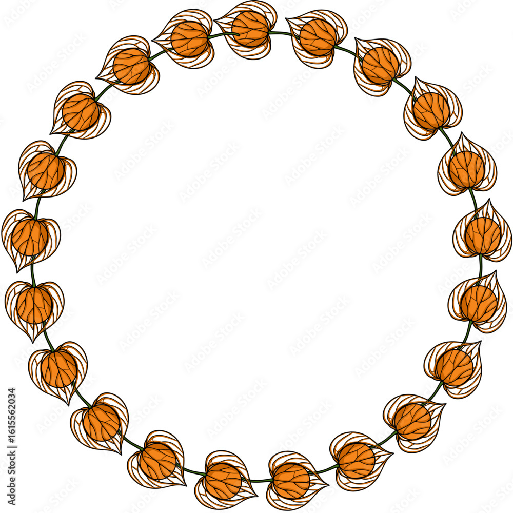 Poster elegant circular vector frame design featuring a continuous garland of stylized physalis alkekengi, 