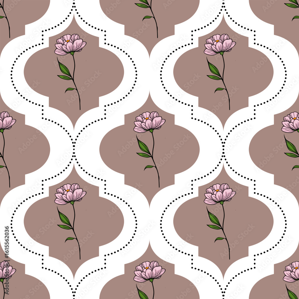 Poster seamless vector pattern with delicate pink flowers and a unique quatrefoil geometric design, featuri