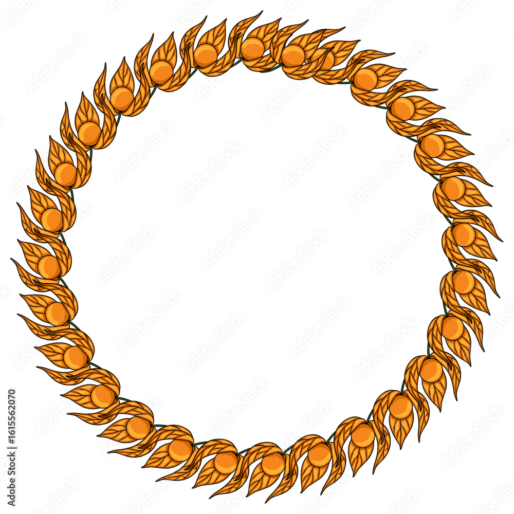 Poster elegant vector round frame design featuring a continuous pattern of stylized physalis fruits and lea