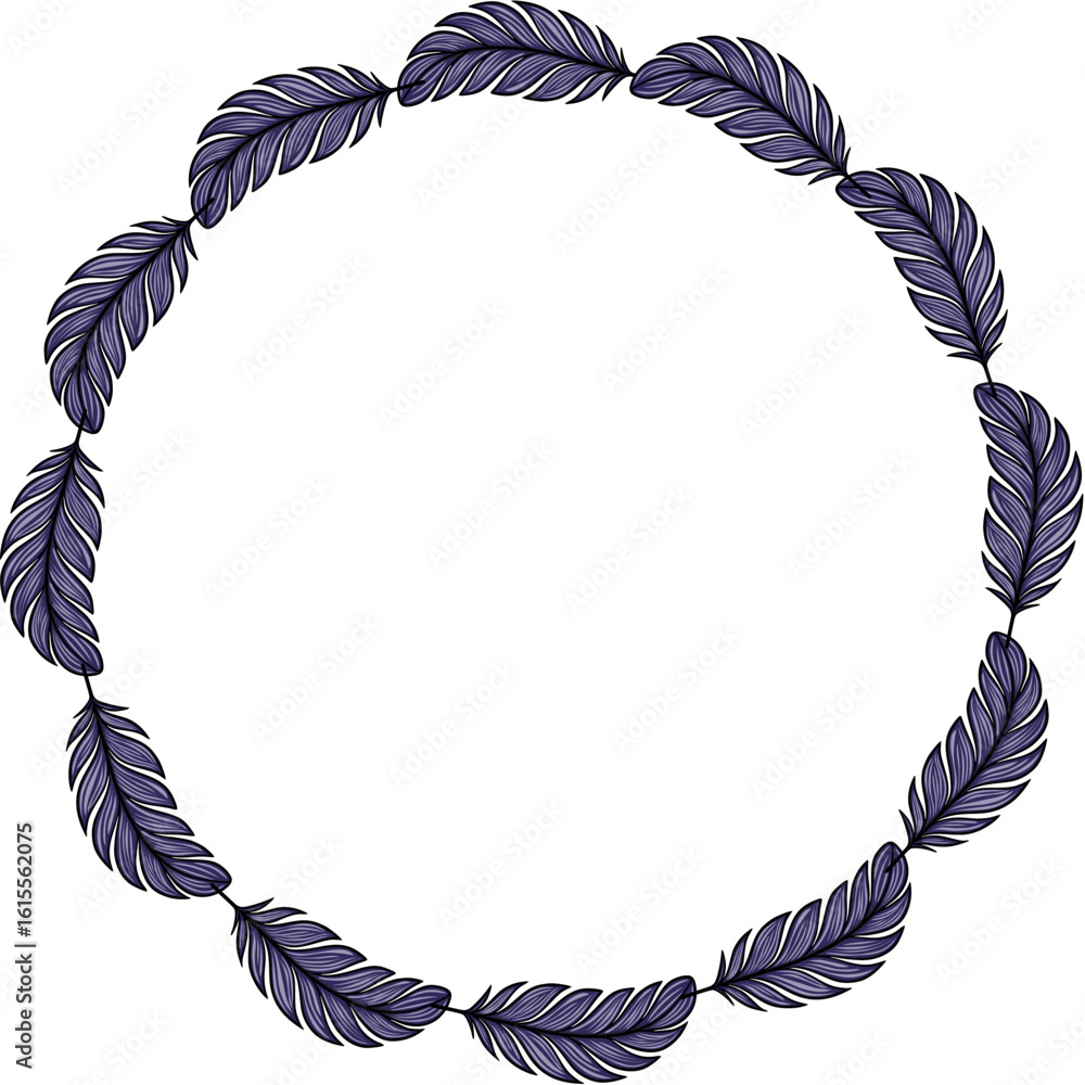 Poster elegant vector circular frame design featuring a series of detailed, dark purple stylized feathers, 