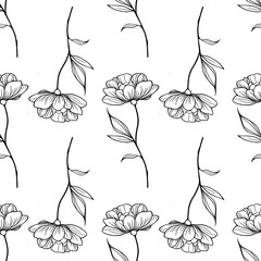 Seamless vector pattern of elegant line art peonies with leaves, perfect for textile, wallpaper, or surface design projects.