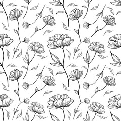 Seamless vector pattern with elegant line art floral design featuring delicate peonies and small blossoms, creating a sophisticated monochrome aesthetic.