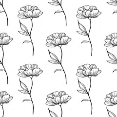 Elegant seamless vector pattern featuring delicate line art peony flowers and leaves, perfect for textile prints, wallpapers, or packaging design.