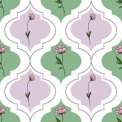 Elegant vector seamless pattern with pink flowers and geometric quatrefoil shapes in pastel green and lilac colors, perfect for textile design or wallpaper.
