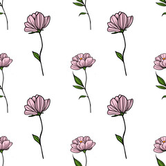 Elegant seamless vector pattern with delicate pink flowers and green leaves, perfect for textile, wallpaper, or surface design.