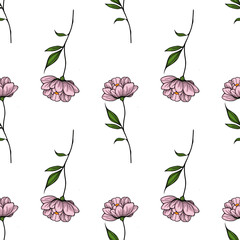 Elegant Seamless Vector Pattern of Delicate Pink Flowers and Green Leaves, Ideal for Textile or Wallpaper Design