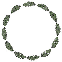 Elegant vector round frame design featuring a delicate arrangement of stylized green feathers, perfect for invitations, logos, or decorative elements.