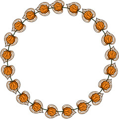 Elegant circular vector frame design featuring a continuous garland of stylized Physalis alkekengi, showcasing vibrant orange hues and intricate white-lined details against a stark white background.