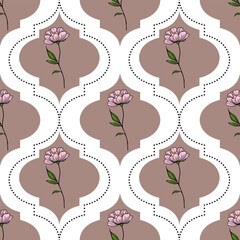 Seamless vector pattern with delicate pink flowers and a unique quatrefoil geometric design, featuring a dotted line motif and a sophisticated taupe and white color palette.