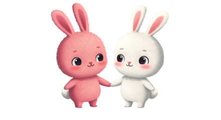 Cute Illustration Of Two Playful Rabbits Holding Hands On Transparent Background