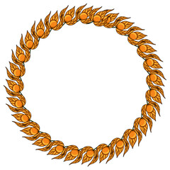 Elegant vector round frame design featuring a continuous pattern of stylized physalis fruits and leaves in warm orange hues, perfect for autumnal or harvest-themed projects.