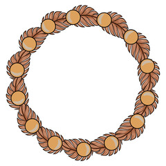 Elegant vector circular frame design featuring stylized brown feathers and golden spheres, perfect for luxurious branding or invitation.