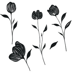 Elegant vector illustration of five stylized black floral elements with linear textures, isolated on white background, perfect for design projects.