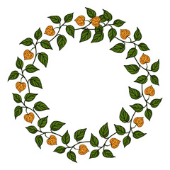 Elegant vector round frame with physalis branches and leaves, perfect for invitations, cards, or decorative elements.