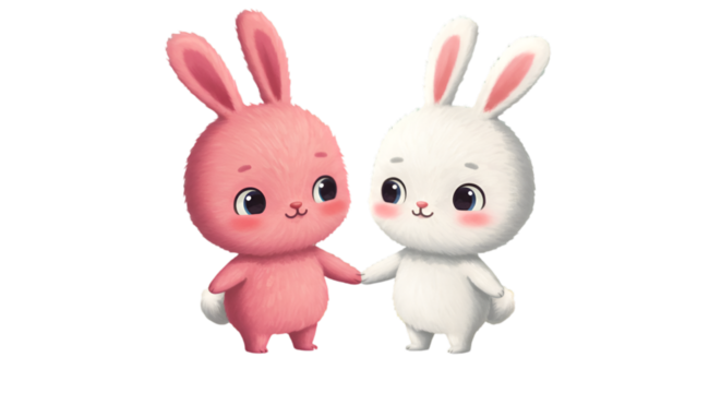 Cute Illustration Of Two Playful Rabbits Holding Hands On Transparent Background