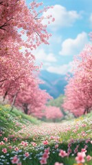 Obraz premium Walking Through Pink Blossom Trees and Meadow Path in Spring