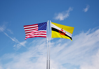 flags of  brunei and United States of America over blue sky background.