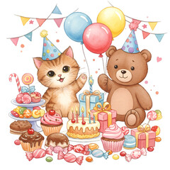 Obraz premium Cute Watercolor Illustration Of Birthday Party With Cat And Bear