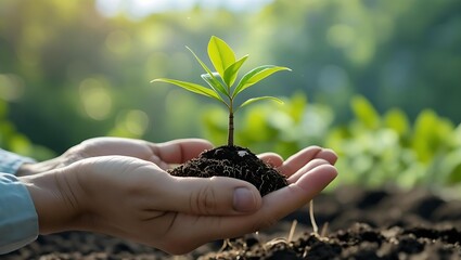 Close-up of a hand holding a small tree seedling with blurred nature background, symbolizing sustainability and green living