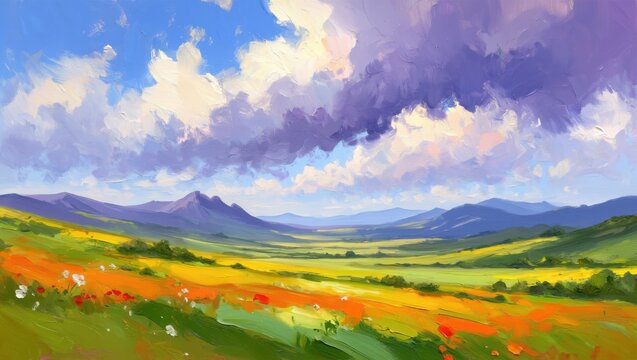 Vibrant impressionistic landscape painting of rolling hills and dramatic clouds