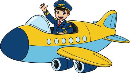 Cartoon pilot boy flying airplane, waving hand, child in uniform, cute aircraft illustration, aviation for kids, travel adventure character