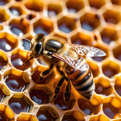 Bee collecting honey from a honeycomb close up