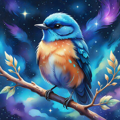 Blue bird with orange brest close up illustration with purple blue background