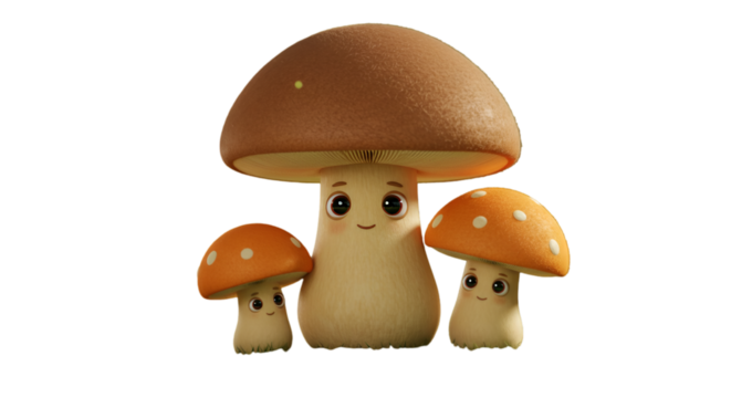 Cute Cartoon Mushroom Family on Transparent Background Illustration