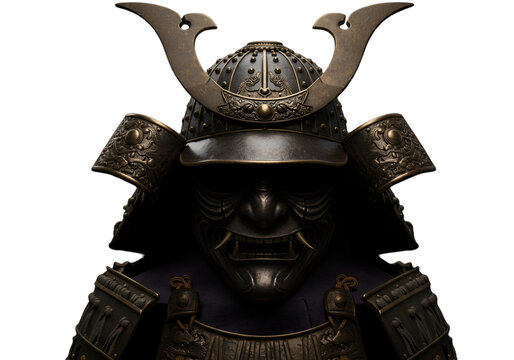 Close Up Of Samurai Armor Helmet Face Detailing Isolated On Black Background