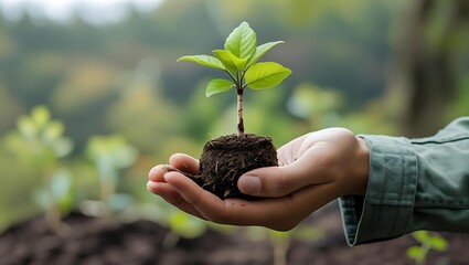 Close-up of a hand holding a small tree seedling with blurred nature background, symbolizing sustainability and green living