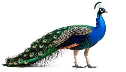 Obraz premium A majestic male Indian Peafowl standing in profile, showcasing its vibrant blue plumage and long, iridescent green tail feathers isolated on a white background.